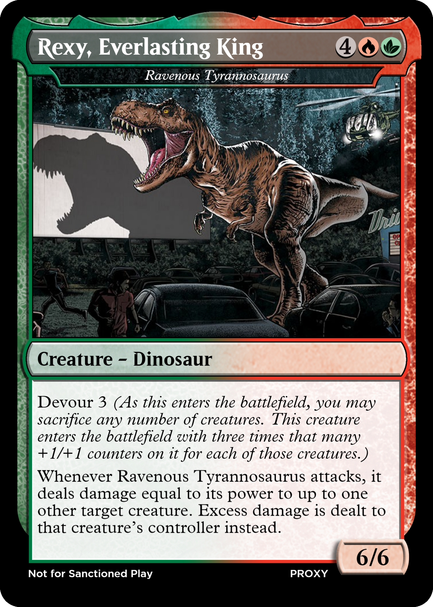 Rexy, Everlasting King / Ravenous Tyrannosaurus Creature - MTG PROXY Jurassic Park