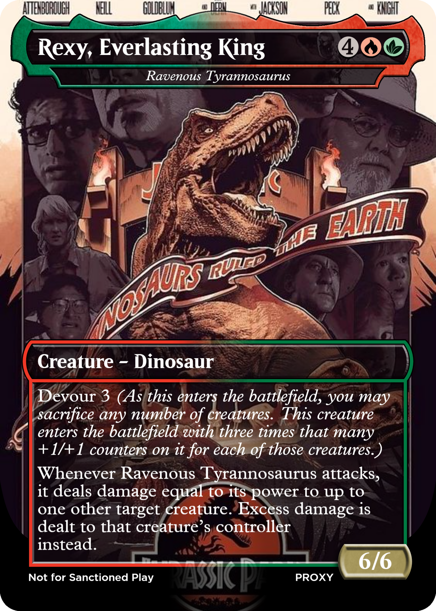 Rexy, Everlasting King / Ravenous Tyrannosaurus Creature - MTG PROXY Jurassic Park