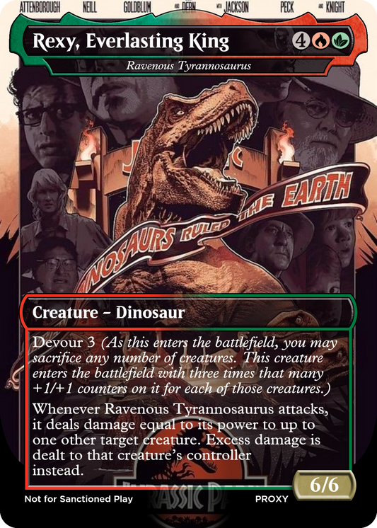 Rexy, Everlasting King / Ravenous Tyrannosaurus Creature - MTG PROXY Jurassic Park